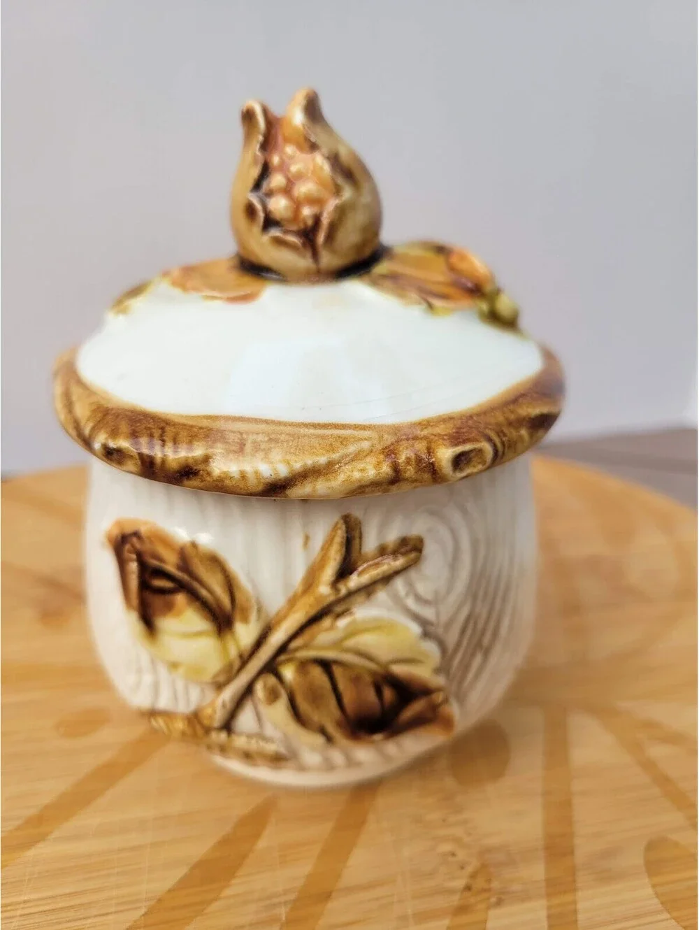Vintage Japan Ceramic Sugar Bowl With Lid Spoon Brown Corn Leaves Prim Rustic